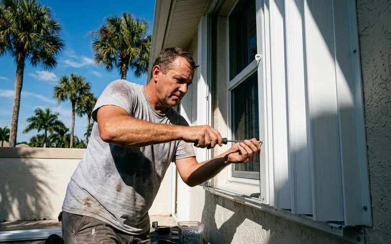 Cape Coral homeowner installing hurricane shutters before storm season