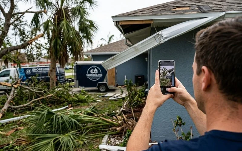 Homeowner documenting hurricane damage to Cape Coral home for insurance