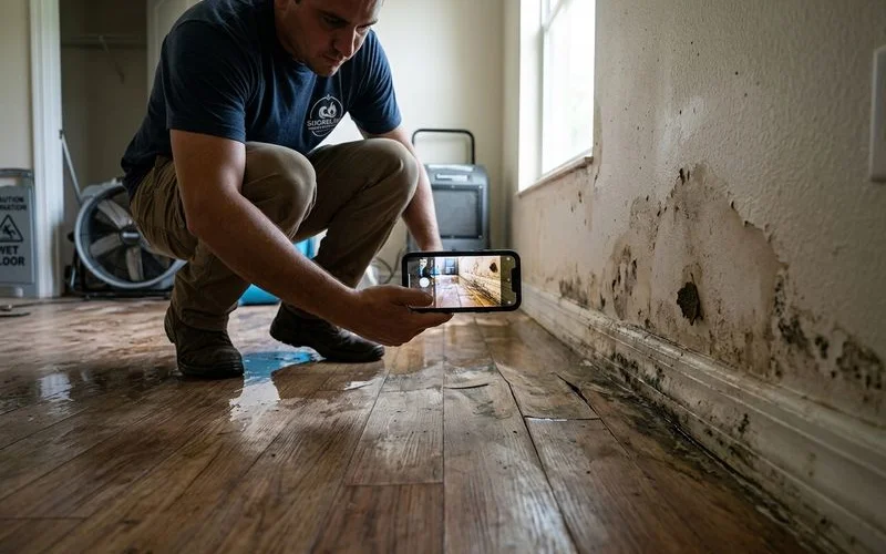 Homeowner documenting water damage for insurance claim in Cape Coral home