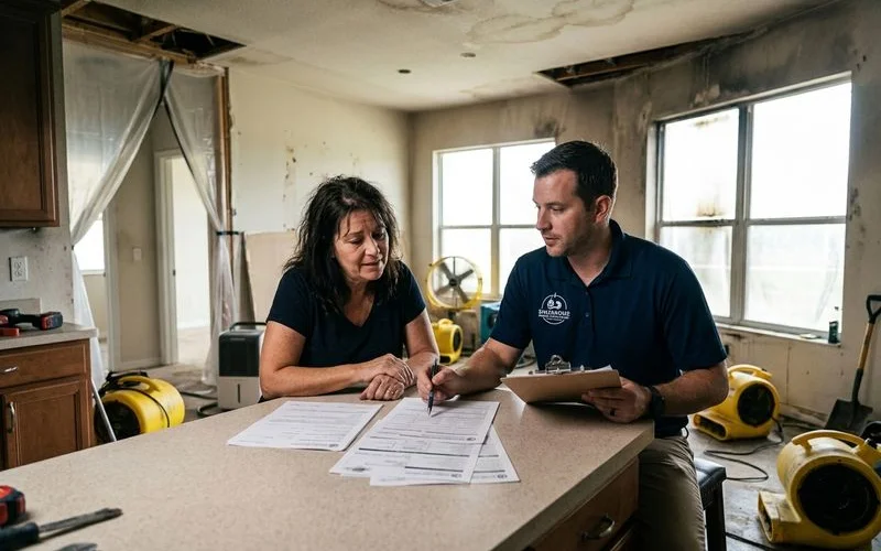 Homeowner reviewing insurance settlement with restoration company