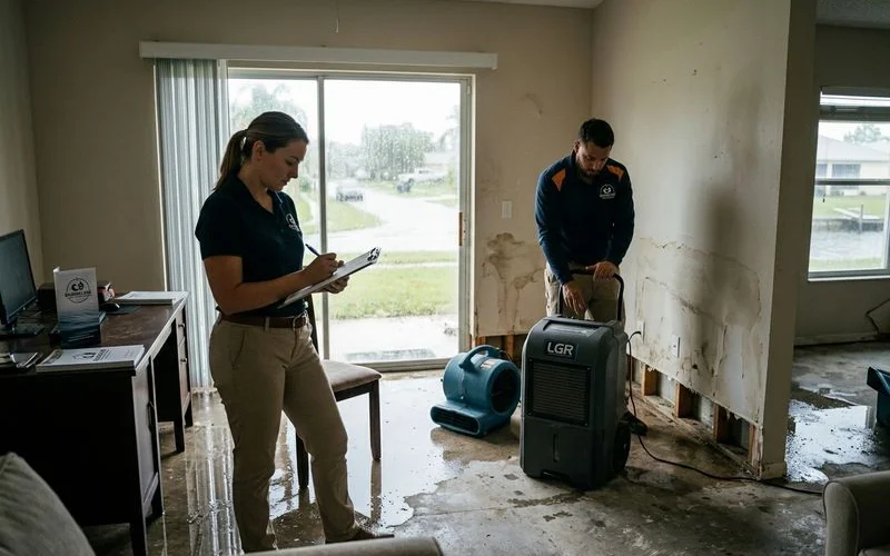 Insurance adjuster meeting with restoration company at water damaged home