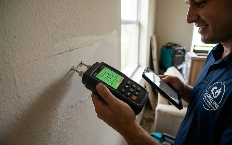 Moisture meter checking wall for safe drying levels after flooding
