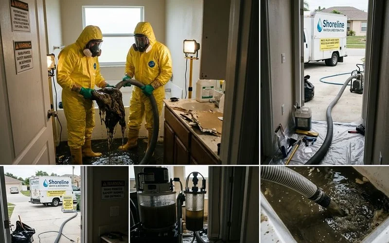 Professional sewage cleanup crew in full PPE performing decontamination