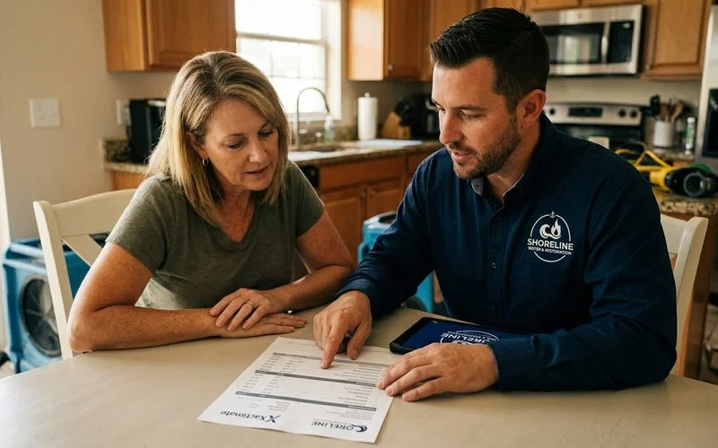 Restoration professional reviewing Xactimate estimate with homeowner