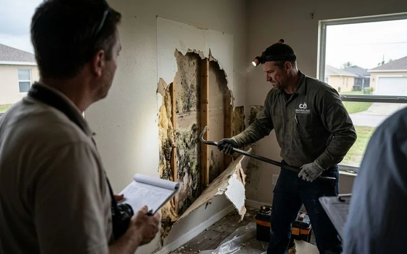 Restoration technician finding hidden damage behind drywall during restoration