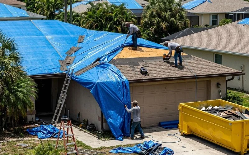 Permanent roof repair replacing temporary tarp after storm damage